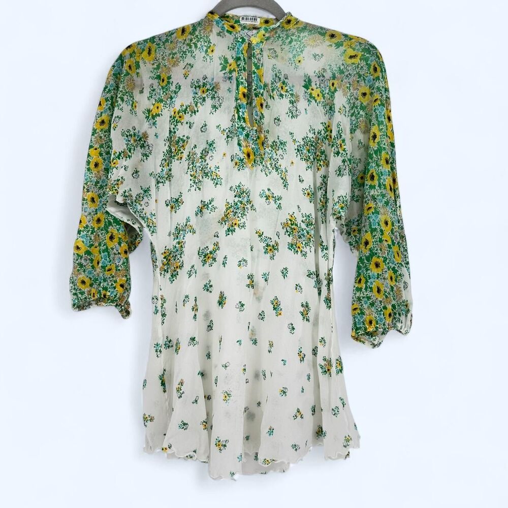 Vintage 70s St Simon Floral Sheer Lettuce Hem Blouse Size XL